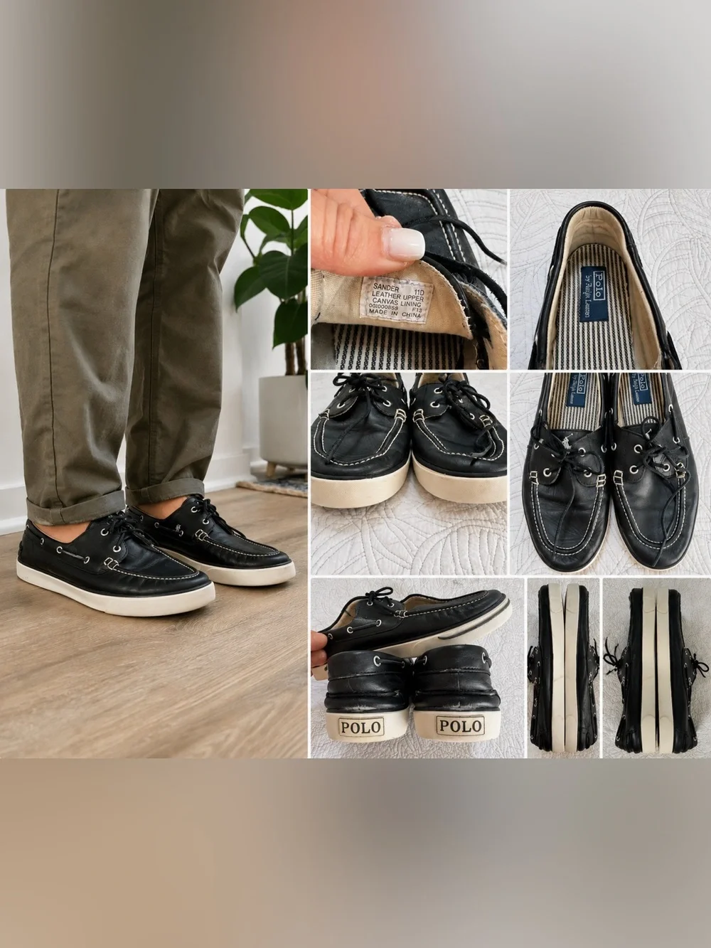 Polo Ralph Lauren Sander Men’s 11 Black Leather Boat Shoes Sneaker